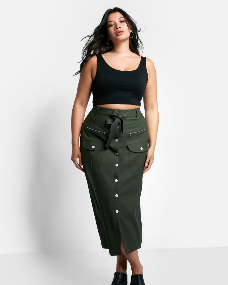 Side of a model wearing a size L Sierra Tie Belt Button Front Cargo Maxi Shift Skirt - Olive Green in Green by Rebdolls. | dia_product_style_image_id:321267